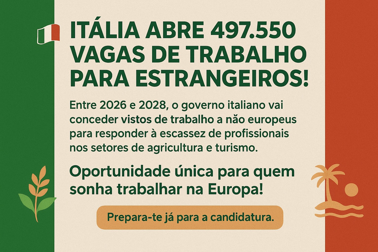Em essência, a nova lei (conhecida como "Decreto Flussi") é uma autorização do governo italiano para regular a entrada de trabalhadores estrangeiros de fora da União Europeia para suprir a falta de mão de obra em setores específicos da economia italiana. Para os brasileiros, isso representa uma oportunidade formal e legalizada de emigrar para a Itália com um contrato de trabalho, abrindo portas para diversas categorias profissionais.  O que é o "Decreto Flussi"? Antes de detalhar os benefícios, é crucial entender o que é esta lei.  Não é uma anistia ou regularização: É uma cota de ingresso legal para trabalhadores que ainda estão fora da Itália.  Funciona com um "contrato de trabalho" como pré-requisito: O candidato primeiro precisa conseguir uma oferta de emprego de um empregador na Itália.  Sistema de cotas: O decreto estabelece um número máximo de vistos para diferentes setores (agricultura, turismo/hotelaria, indústria, etc.) e para diferentes tipos de trabalhadores (subordinados, autônomos, sazonais).  Como os Brasileiros Podem se Beneficiar? Os brasileiros, como cidadãos de um país fora da UE, são elegíveis para concorrer a essas vagas. Aqui estão os caminhos e os benefícios específicos:  1. Oportunidades de Trabalho Sazonal (uma das maiores portas de entrada) Setor Alvo: Agricultura e turismo (hotéis, resorts, restaurantes em regiões de alta temporada).  Benefício para Brasileiros:  Experiência Internacional: É uma forma de viver na Itália por um período curto (até 9 meses em um ano), ganhar em Euro e conhecer a cultura.  Porta de Entrada: Muitos usam o visto sazonal como um "pé na porta". Um bom desempenho pode levar o empregador a oferecer um contrato de trabalho de longo prazo no ano seguinte, permitindo a aplicação para um visto de residência mais estável.  Processo Mais Rápido: Geralmente, as autorizações para trabalho sazonal têm processos simplificados e cotas dedicadas.  2. Trabalho Subordinado Não Sazonal (Contrato de Longo Prazo) Setor Alvo: Setores com escassez crônica de mão de obra, como construção civil, assistência familiar e domiciliar (cuidadores de idosos e deficientes), metalurgia, logística e tecnologia.  Benefício para Brasileiros:  Emigração Legal e Segura: Oferece a chance de se mudar para a Itália com um emprego garantido e direitos trabalhistas plenos desde o primeiro dia.  Reunificação Familiar: Com um contrato de trabalho estável e residência legal, após algum tempo, é possível solicitar a reunificação familiar para cônjuge e filhos menores.  Caminho para a Residência Permanente: Após cinco anos de residência legal e contínua na Itália, o imigrante pode solicitar a permissão de residência permanente na UE.  3. Trabalho Autônomo Para Quem: Profissionais que desejam abrir seu próprio negócio na Itália (consultores, artesãos, donos de restaurantes, etc.) ou que exercem uma atividade autônoma de interesse para o país.  Benefício para Brasileiros:  Empreendedorismo: Brasileiros com capital para investir e um plano de negócios viável têm uma rota legal para se estabelecerem.  Profissionais Liberais: Artistas, engenheiros, arquitetos, etc., podem conseguir o visto para exercer sua profissão de forma independente na Itália.  O Passo a Passo para um Brasileiro Conseguir um Visto Encontrar um Empregador: Este é o passo mais difícil e crucial. O candidato precisa ser contratado por uma empresa ou família italiana. ( Nós da agência MTV poderemos te ajudar )  O Empregador Solicita a Autorização: O empregador na Itália deve solicitar uma "Nulla Osta" (autorização de trabalho) ao Ministério do Interior italiano, provando que não encontrou um trabalhador italiano ou europeu para a vaga.  Solicitação do Visto: Com a "Nulla Osta" em mãos, o brasileiro pode solicitar o visto de trabalho no Consulado Italiano no Brasil.  Viagem para a Itália: Com o visto, o brasileiro viaja para a Itália.  Emissão do Permesso di Soggiorno: Dentro de 8 dias após a chegada, deve solicitar a permissão de residência ("Permesso di Soggiorno") na delegacia de polícia local (Questura).  Desafios e Considerações Importantes Concorrência: A cota de 400 mil é para o mundo todo. Haverá concorrência forte com cidadãos de outros países.  A Corrida Contra o Tempo: As cotas para setores específicos podem se esgotar muito rapidamente, às vezes em poucos dias após a abertura das inscrições. Ter o contrato e a documentação pronta é vital.  A Importância da Língua: Falar italiano, mesmo que básico, é um diferencial enorme para conseguir uma oferta de emprego e para a integração.     Conclusão A nova lei italiana de imigração é uma janela de oportunidade significativa para os brasileiros. Ela não só facilita a entrada legal no país, mas também oferece um caminho estruturado para construir uma vida na Itália, com direitos trabalhistas, possibilidade de reunificação familiar e, a longo prazo, a cidadania europeia.  Para aproveitar essa chance, os interessados devem:  Qualificar-se (cursos, experiência).  Aprender o idioma italiano.  Participar das entrevistas  de emprego que iremos te conseguir.     Em resumo, esta política é uma resposta direta às necessidades demográficas e econômicas da Itália e, para os brasileiros, representa uma das formas mais seguras e legais de realizar o sonho de viver e trabalhar na Europa.                                    #DecretoFlussi #VistoTrabalhoItália #TrabalharNaItália #VistoH2B #EmigrarParaItália #OportunidadeNaItália #VagasSazonaisItália #PermessoDiSoggiorno #ReunificaçãoFamiliar #AgênciaMTV Decreto Flussi: Como brasileiros conseguem visto de trabalho na Itália contrato de trabalho Itália, vagas sazonais Itália, trabalho autônomo Itália, Nulla Osta, agência de imigração Brasil Itália. Entenda o Decreto Flussi, caminhos para vistos sazonais e de longo prazo, e como a Agência MTV ajuda brasileiros a conseguir contrato na Itália. Decreto Flussi, visto trabalho Itália, visto sazonal Itália, permesso di soggiorno, emigrar para Itália, reunificação familiar Itália.